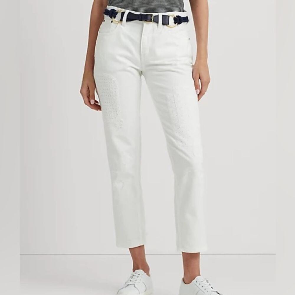 NWT Lauren Ralph Lauren Eyelet Patchwork Relaxed  Jeans White Womens Size 14